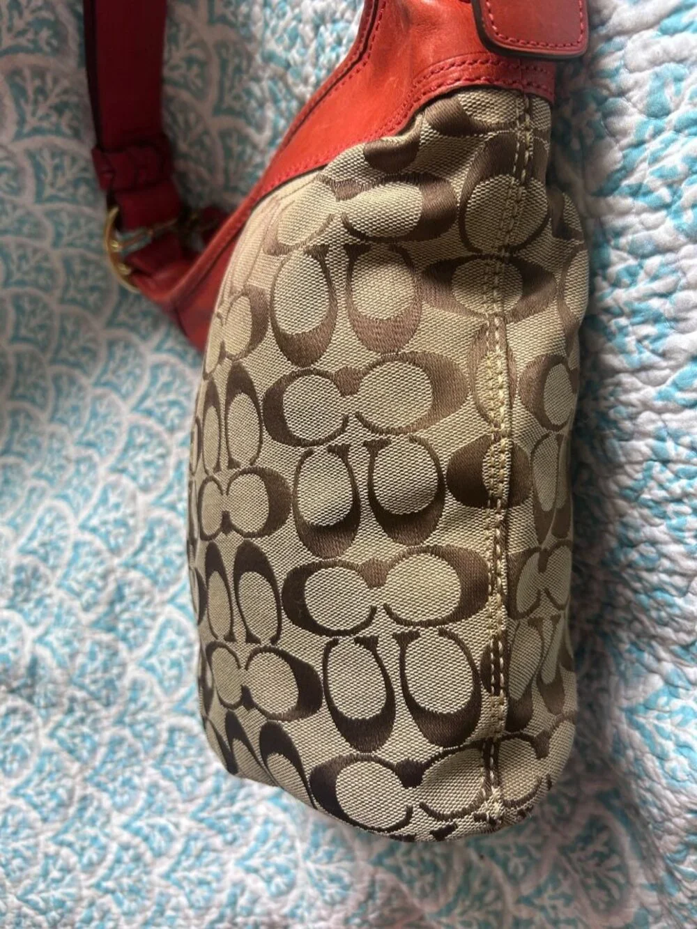 Coach Signature Duffle Hobo Shoulder Bag Khaki Canvas Red Leather Style 11437